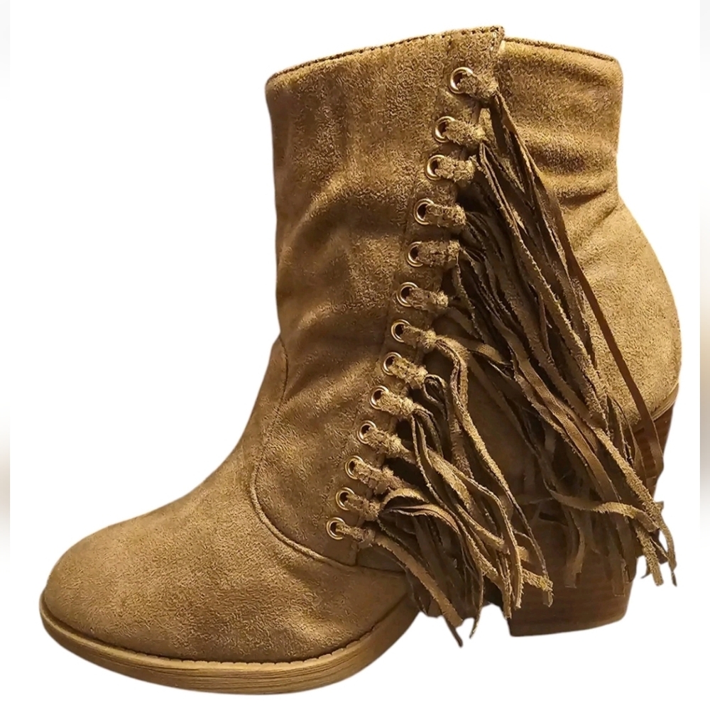 Y Not Fringe Ankle Boots Faux Suede Stacked Heel